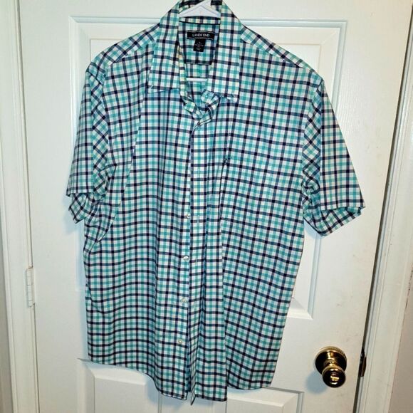 Land's End short sleeve Teal and Navy Plaid Button-down size L - Picture 1 of 3